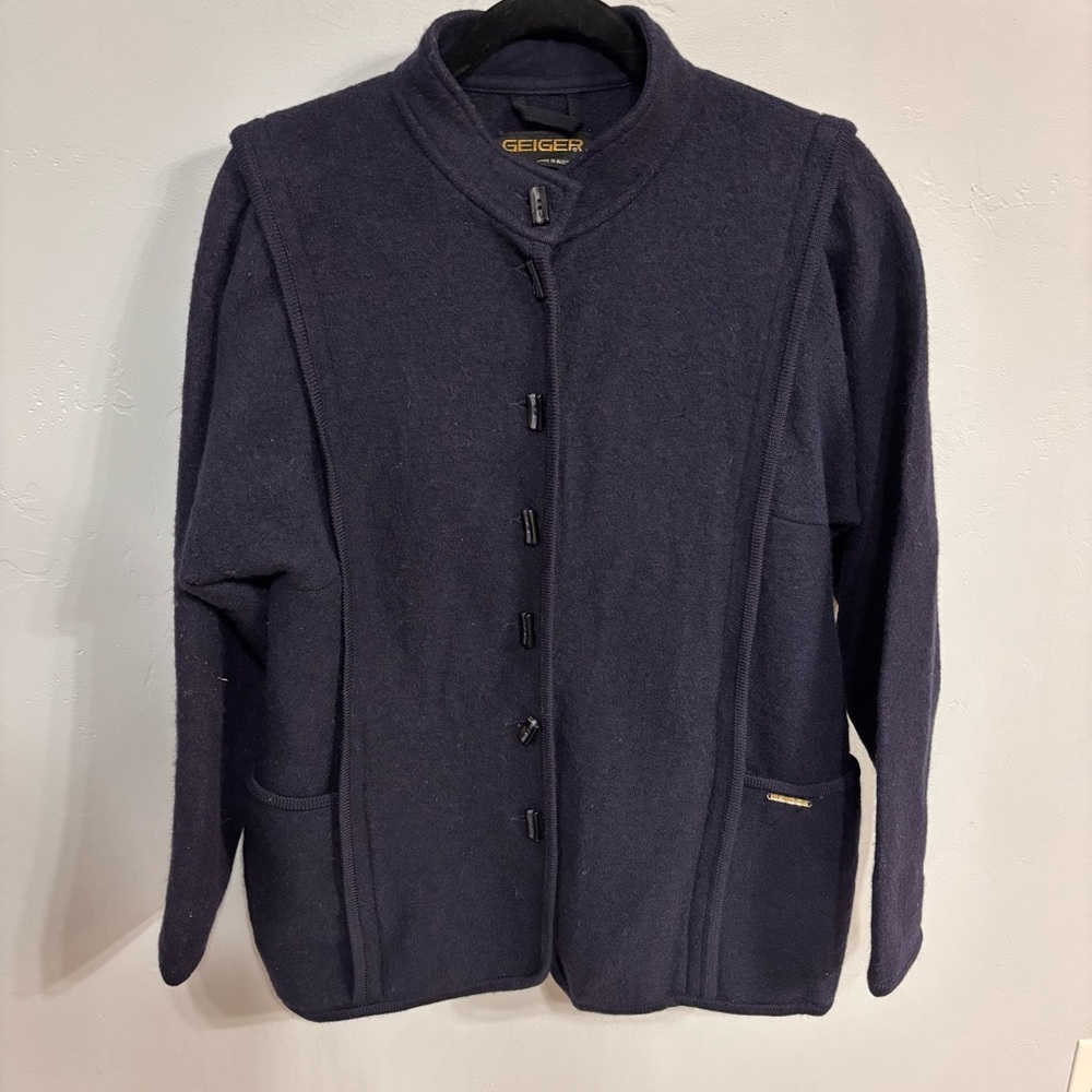 Geiger Navy Boiled Wool Button Collar Jacket - Sz 38 EUC